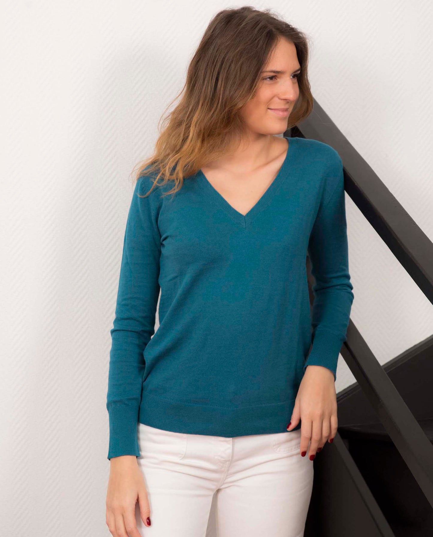 Pull col V en coton/cachemire vert