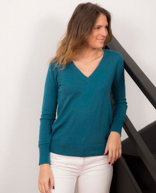Pull col V en coton/cachemire vert