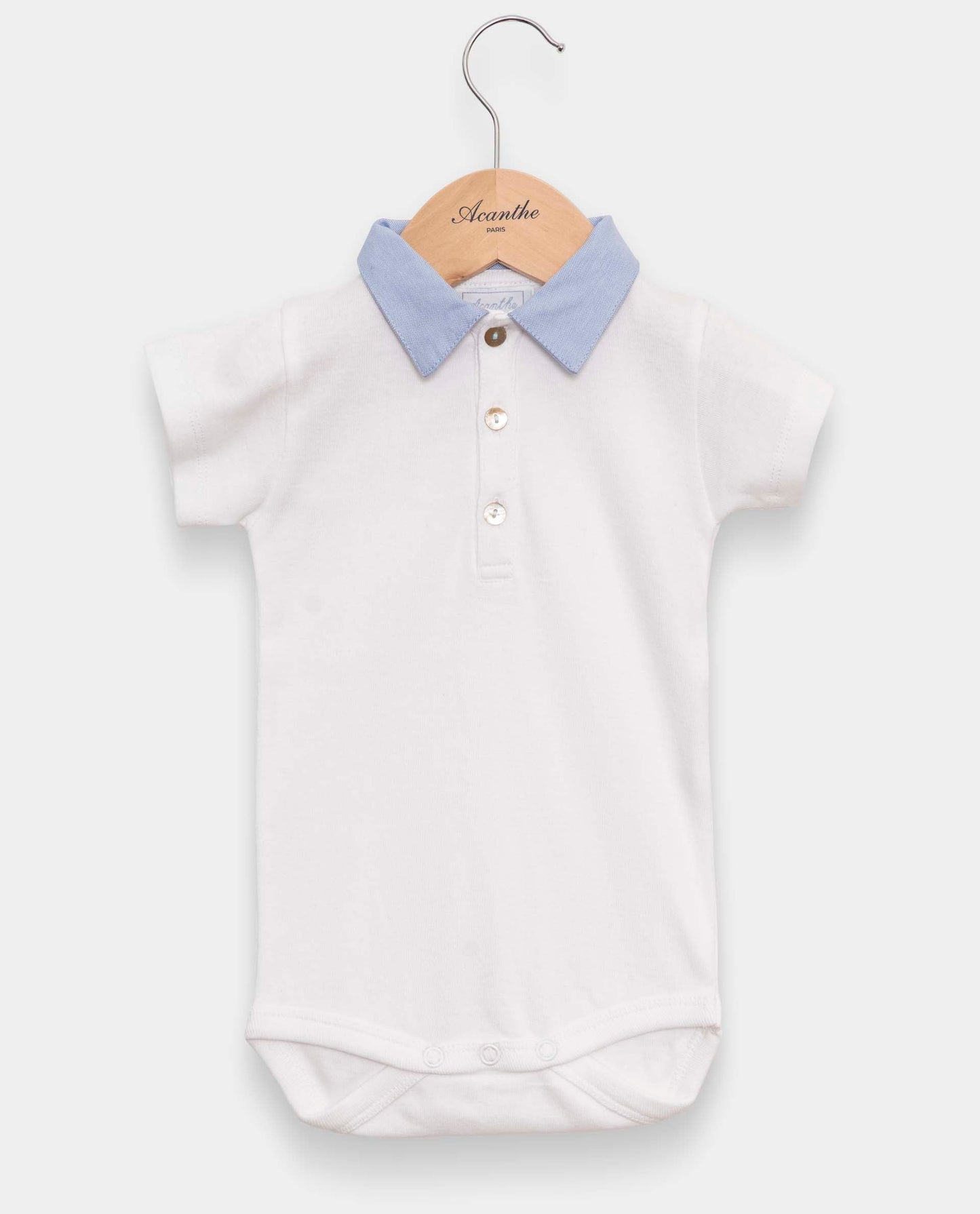Body blanc col pointu en oxford bleu