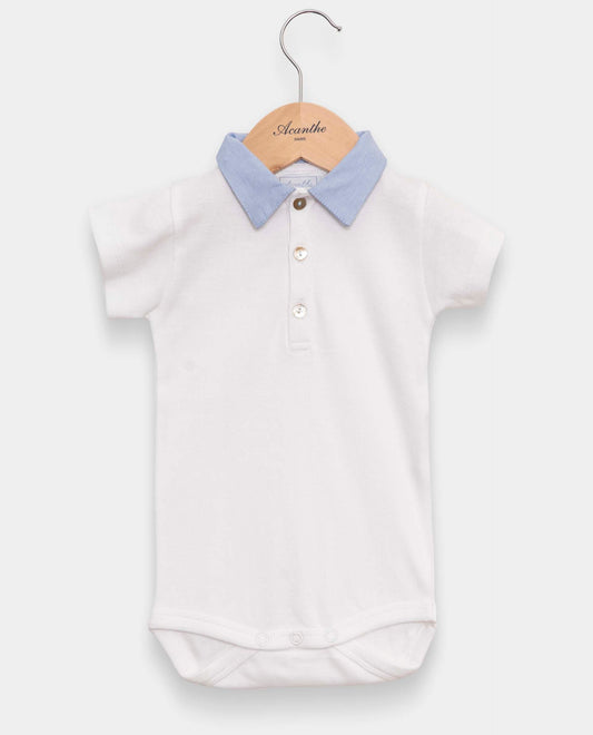 Body blanc col pointu en oxford bleu