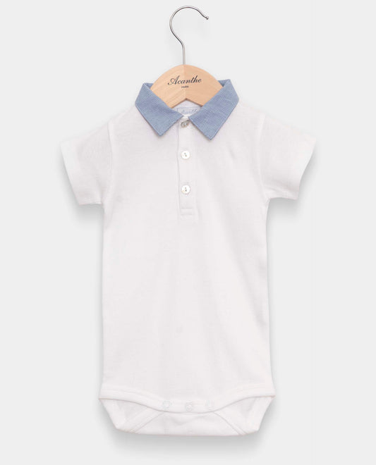 Body blanc col pointu en vichy bleu