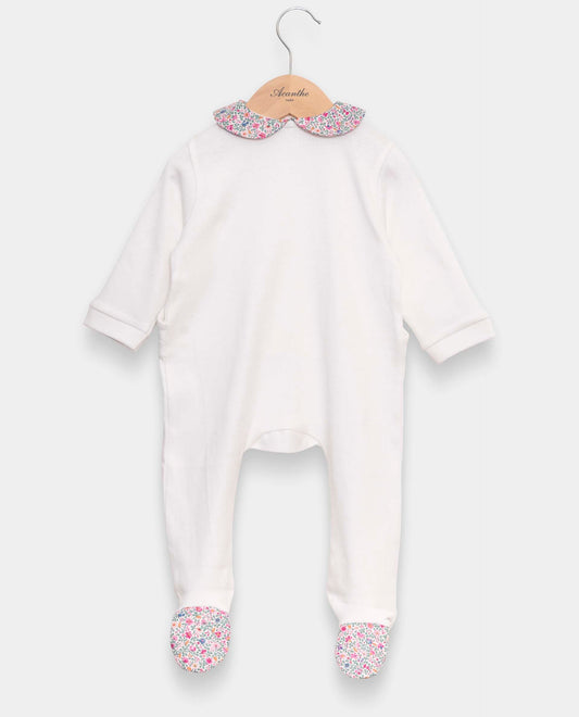 Dors bien blanc 100% coton col et pieds en Liberty rose