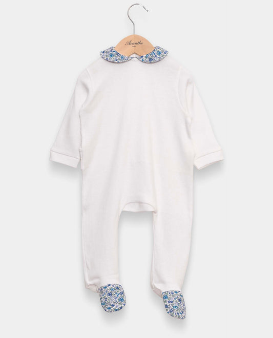 Dors bien blanc 100% coton col et pieds en Liberty bleu