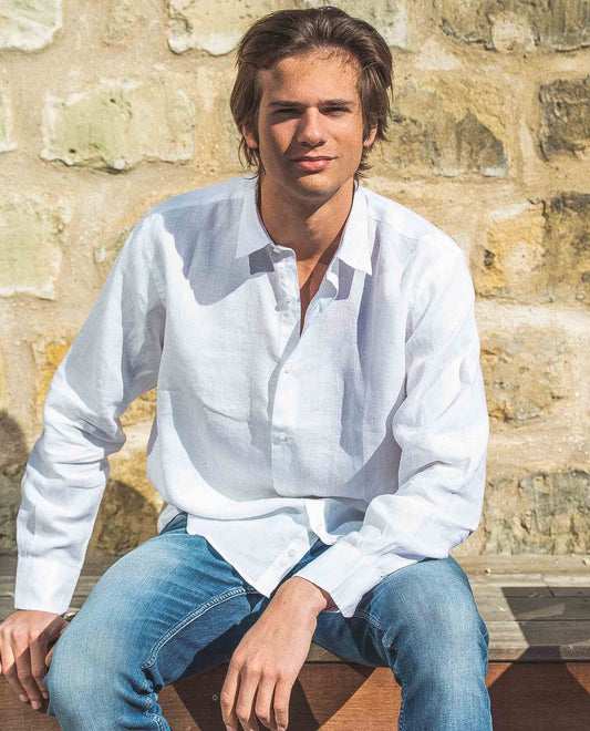 Chemise col libre 100% lin blanc