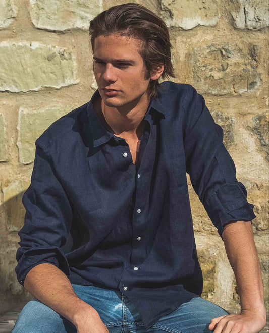 Chemise col libre 100% lin marine