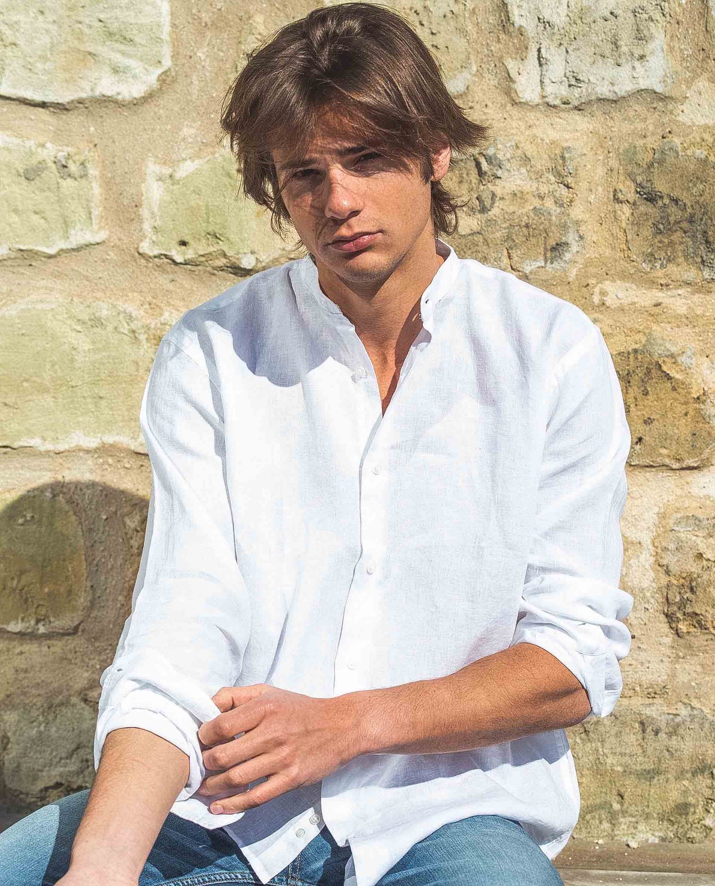 Chemise col mao 100% lin blanc