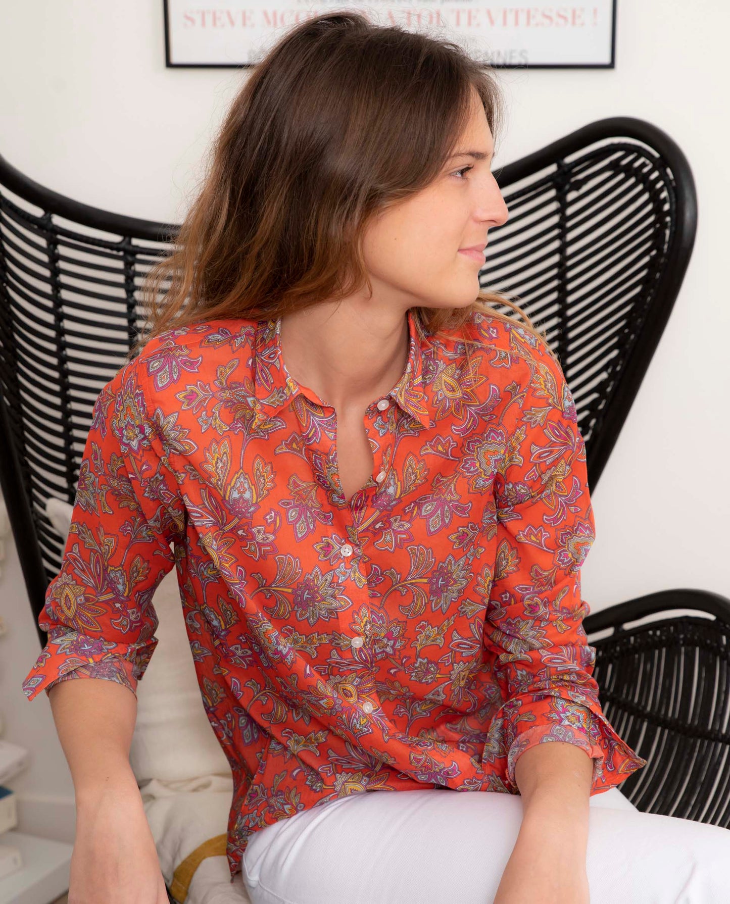 Chemisier classique 100% voile de coton imprimé orange