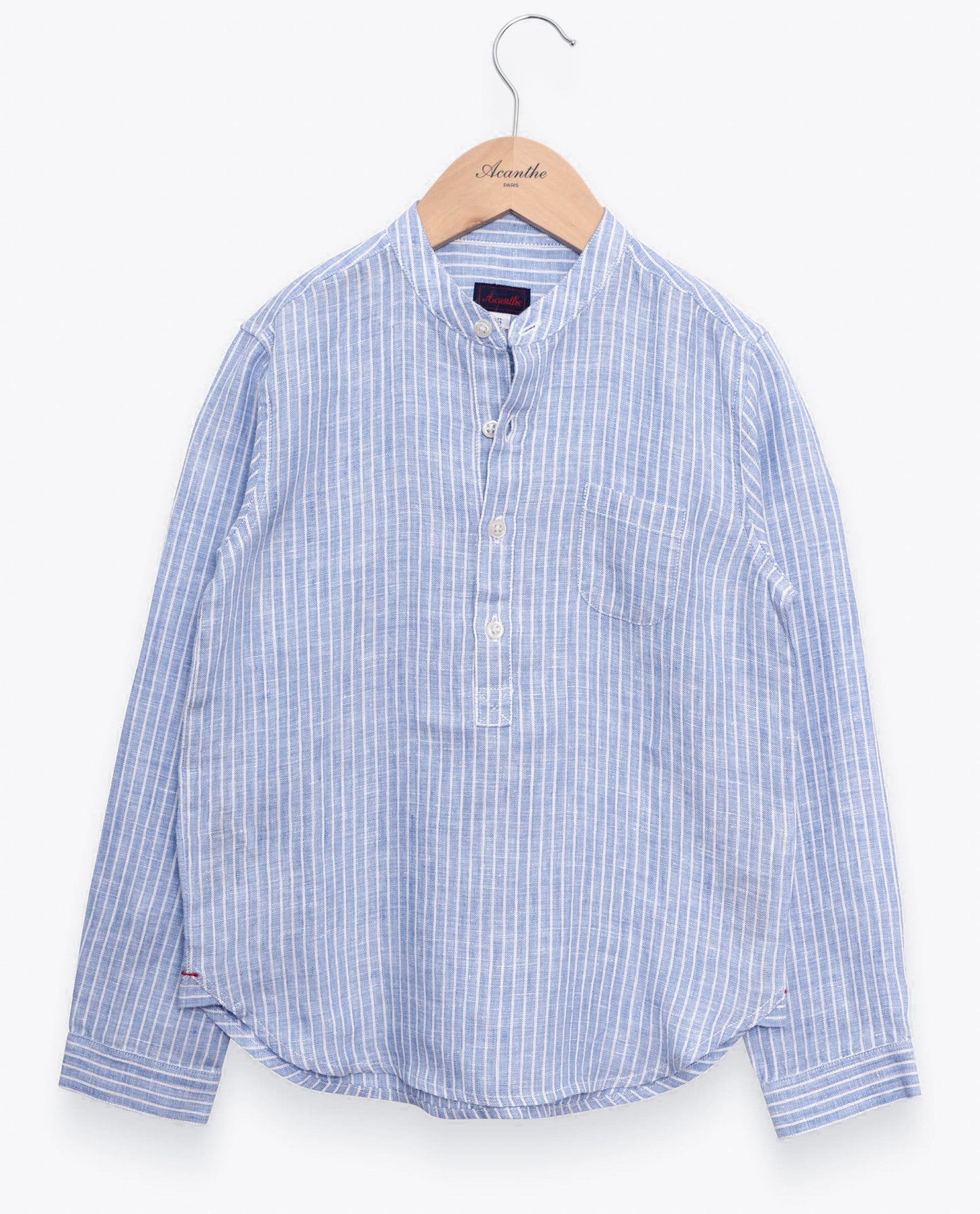 Chemise col mao 100% lin rayé bleu/blanc