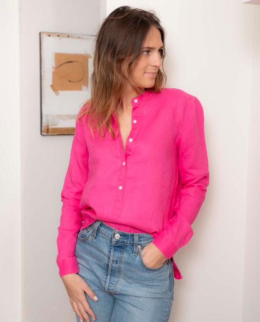 Chemise longue asymétrique en lin bleu