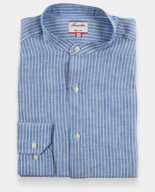Chemise col mao 100% lin rayé bleu/blanc