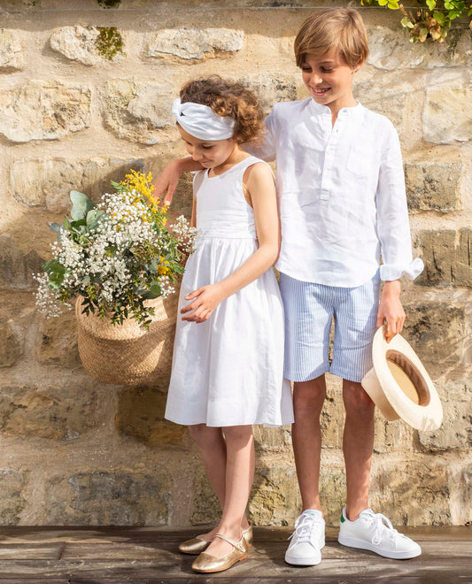 Robe chasuble courte en coton/lin plumetis blanc