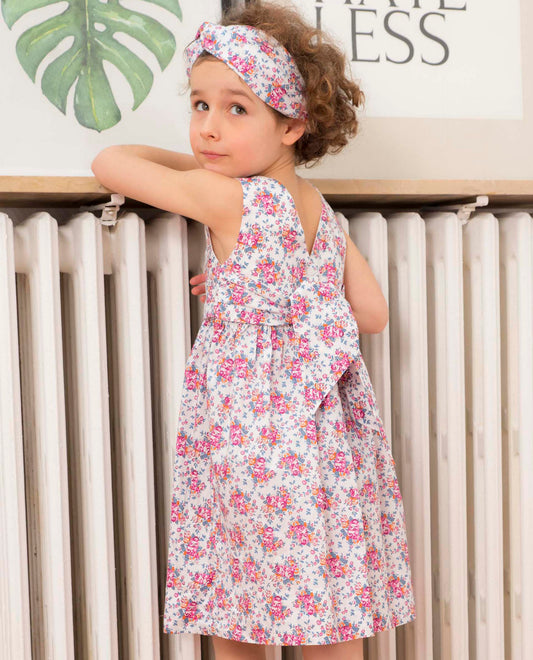 Robe chasuble courte en coton imprimé fleur rose