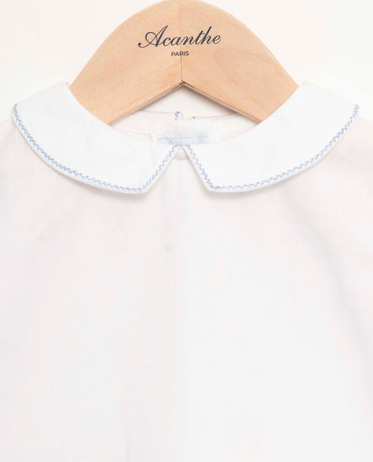 Chemisier col carré blanc liseré ciel