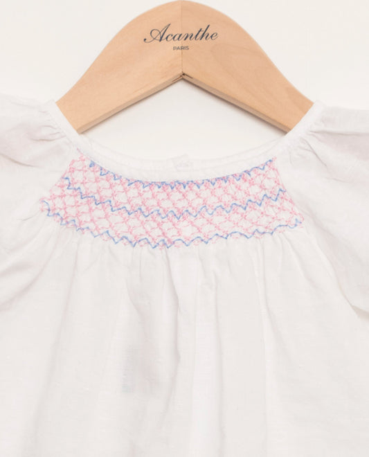 Blouse smockée en coton/lin plumetis blanc