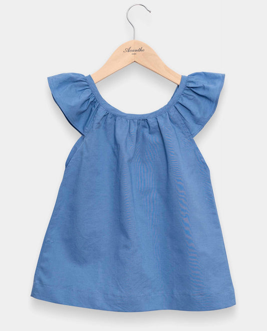 Blouse à volants en coton/lin bleu