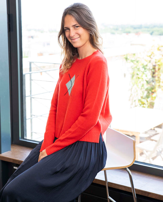 pull col rond intersia 100 cachemire Rouge