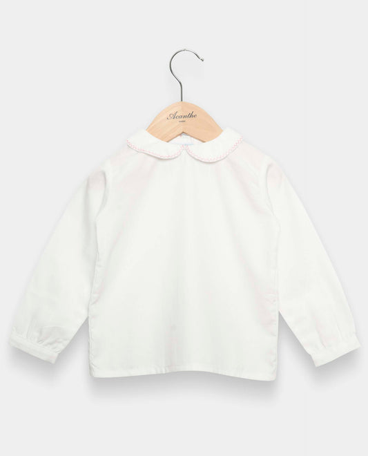 chemisier col rond btns dos ml blanc liseré rose