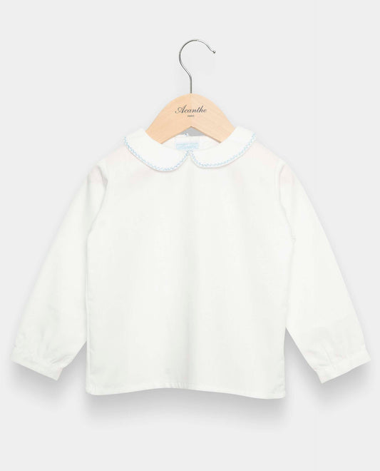 chemisier col rond btns dos ml blanc liseré ciel