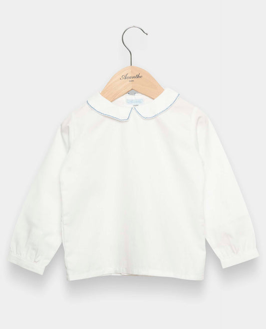 chemisier col carré btns dos ml Blanc liseré bleu