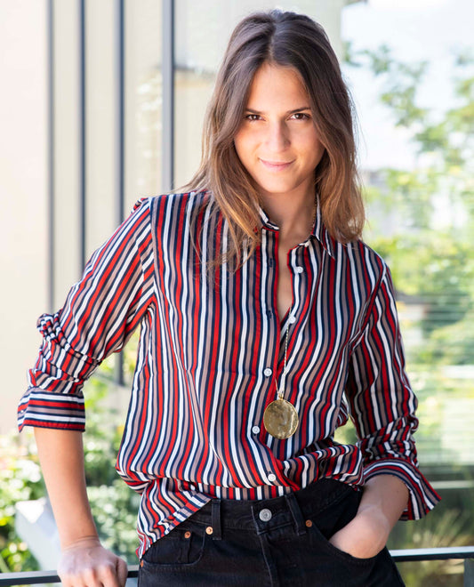 chemisier classique pli rond polyester rayure marine/rouge