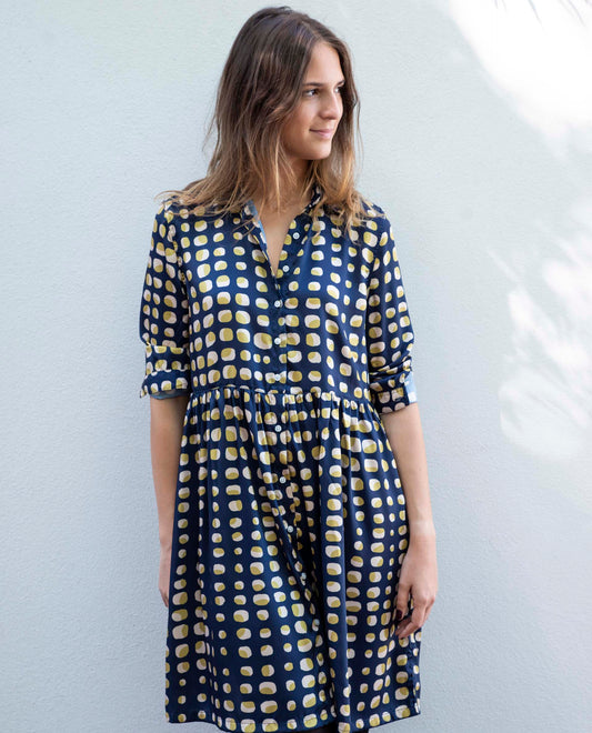 robe chemisier polyester imprimé ovale fond marine