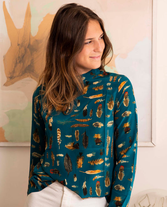 blouse col montant soie Liberty imprimé plume Amherst