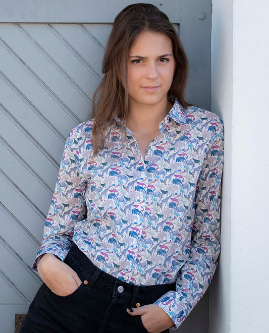 chemisier classique pli rond coton Liberty animaux Queue for the Zoo