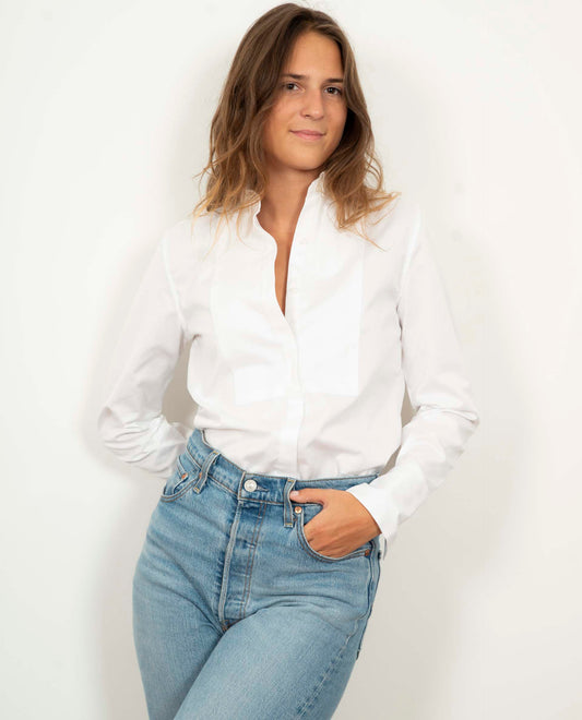 chemisier plastron col fixe coton Blanc