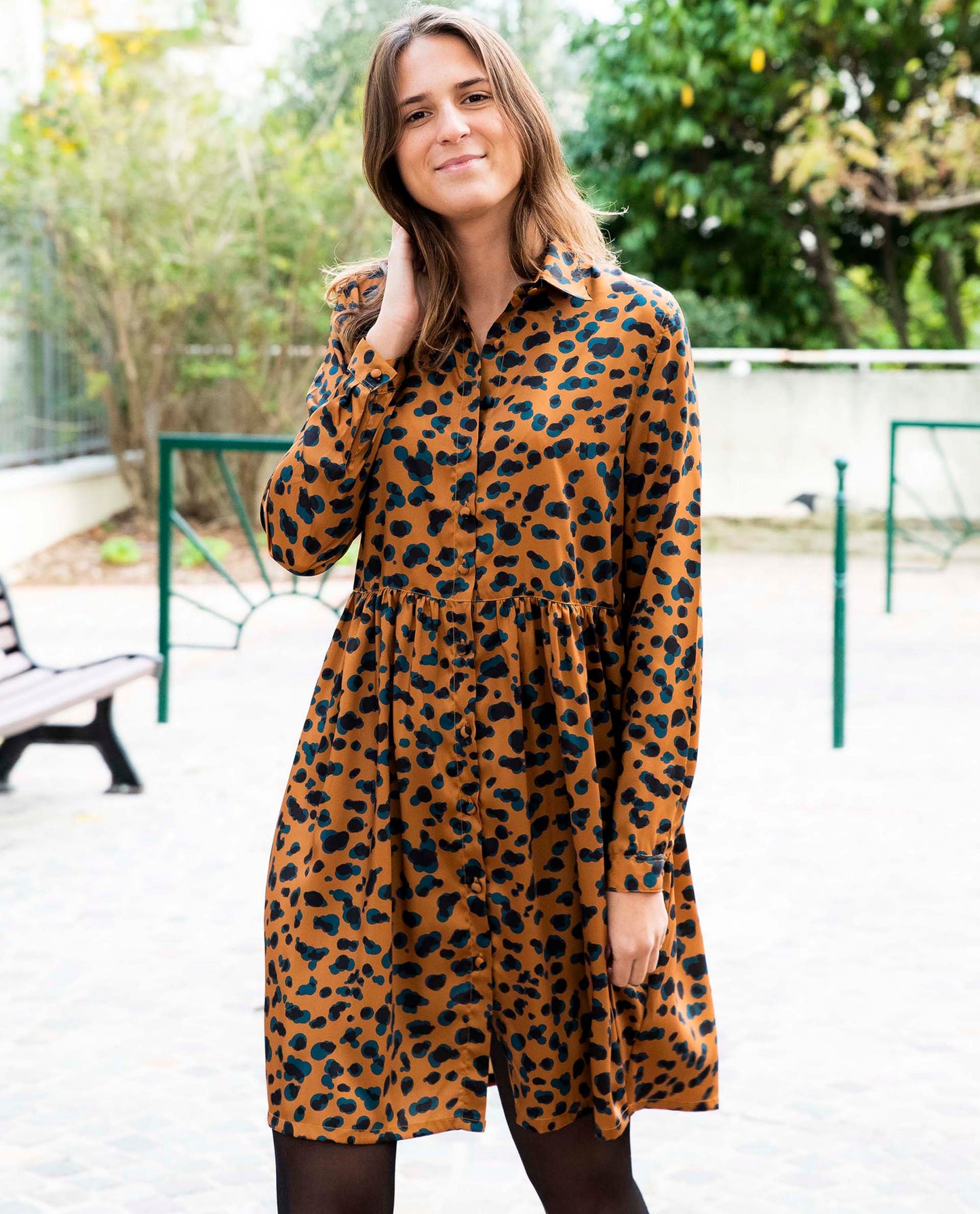 robe chemisier polyester imprimé panthère camel