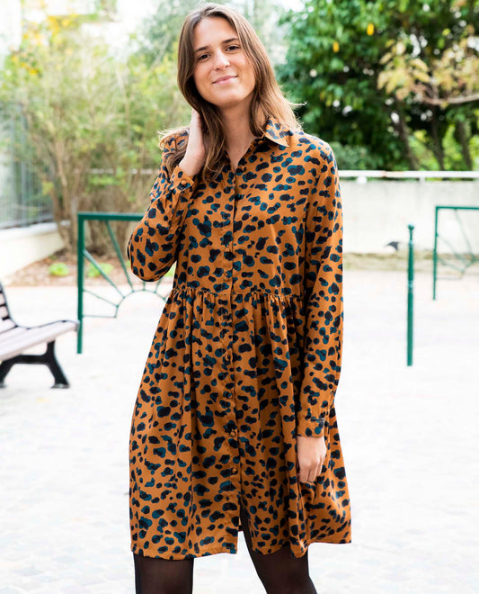 robe chemisier polyester imprimé panthère camel
