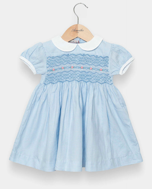 robe smockée flanelle pied de poule ciel