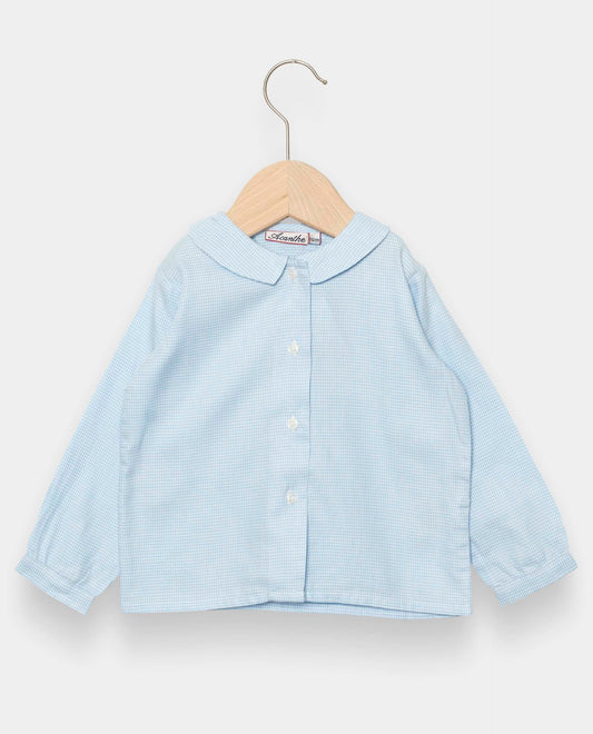 chemisier col carré flanelle pied de poule ciel
