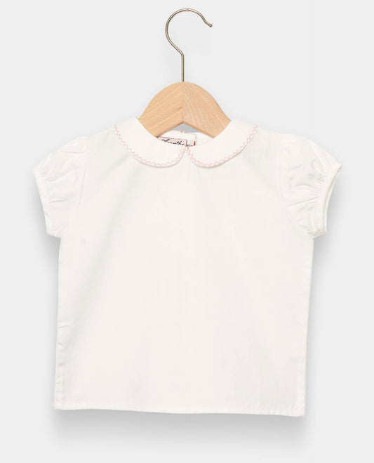 chemisier col rond btns dos manches ballon blanc liseré rose