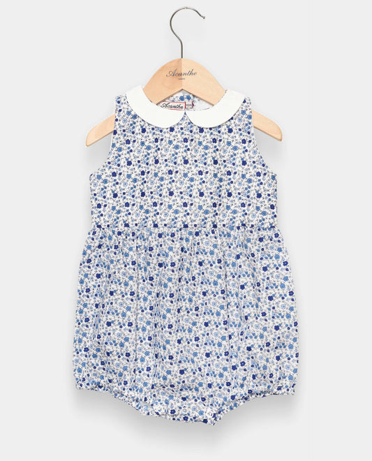 barboteuse col rond sans manches fleur bleue