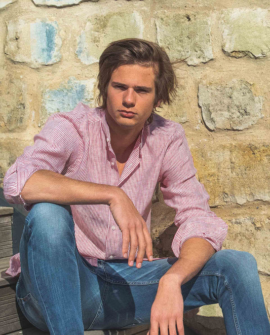 chemise col mao rayé rouge