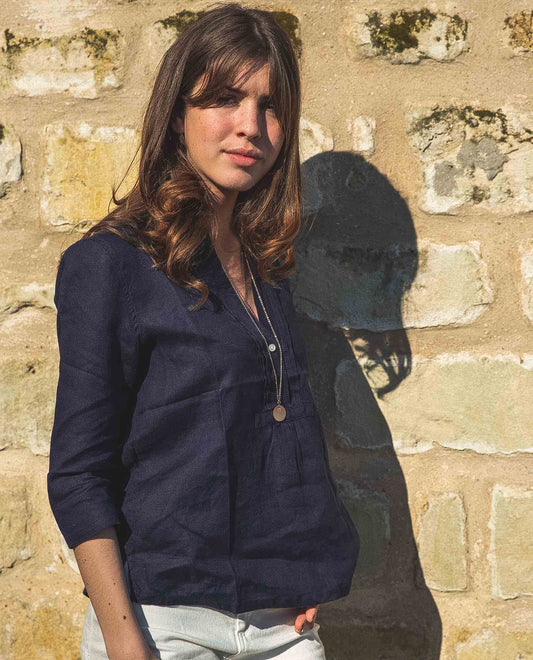 blouse encolure V croisée lin léger Marine