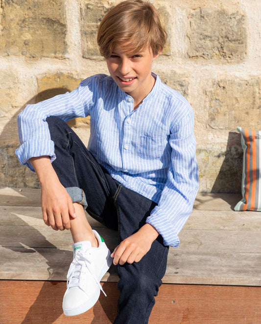 chemise col mao lin rayé bleu