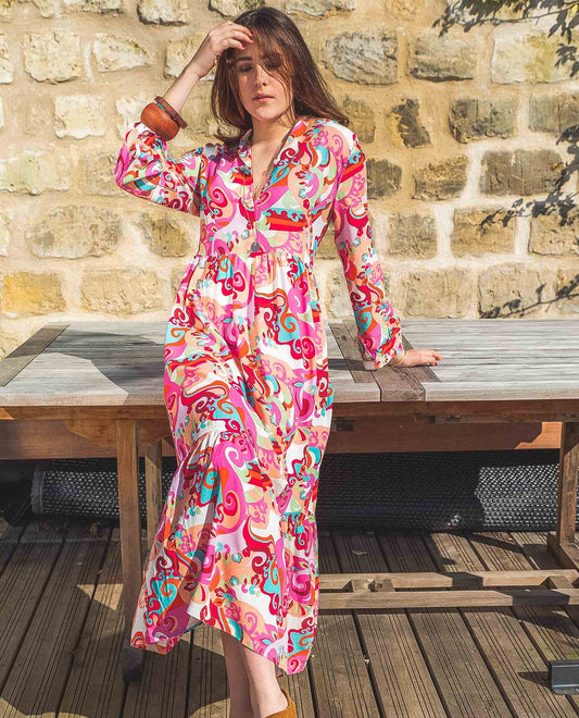 robe longue viscose col mao imprimé rose Pucci