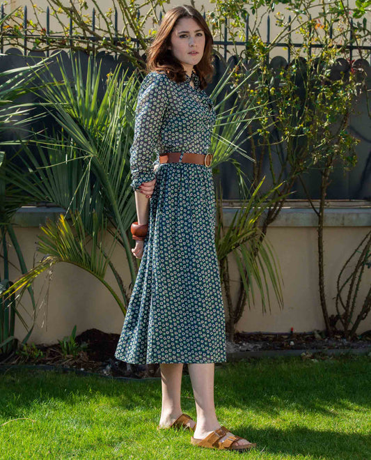 robe chemisier longue voile de coton imprimé écru/vert fond marine