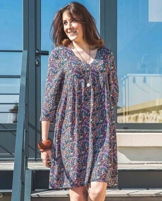 robe V viscose manches 7/8 imprimé fleurs fond marine
