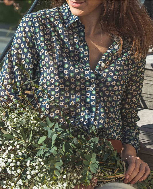 chemisier classique pli rond voile de coton imprimé écru/vert fond marine