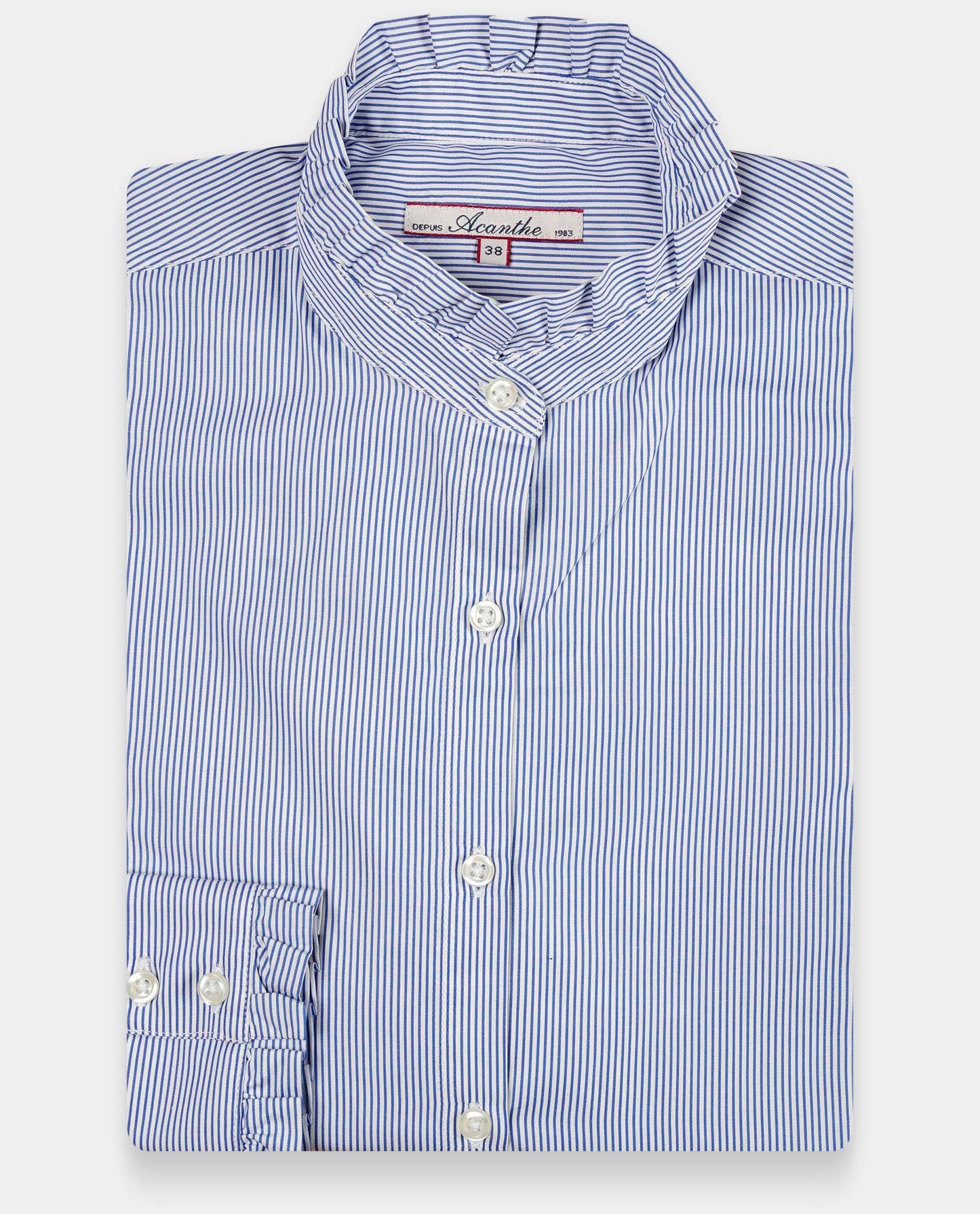 chemisier col et poignets à  volants rayure bleu foncé