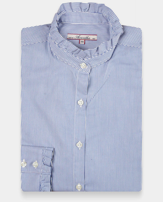 chemisier col et poignets à  volants rayure bleu foncé