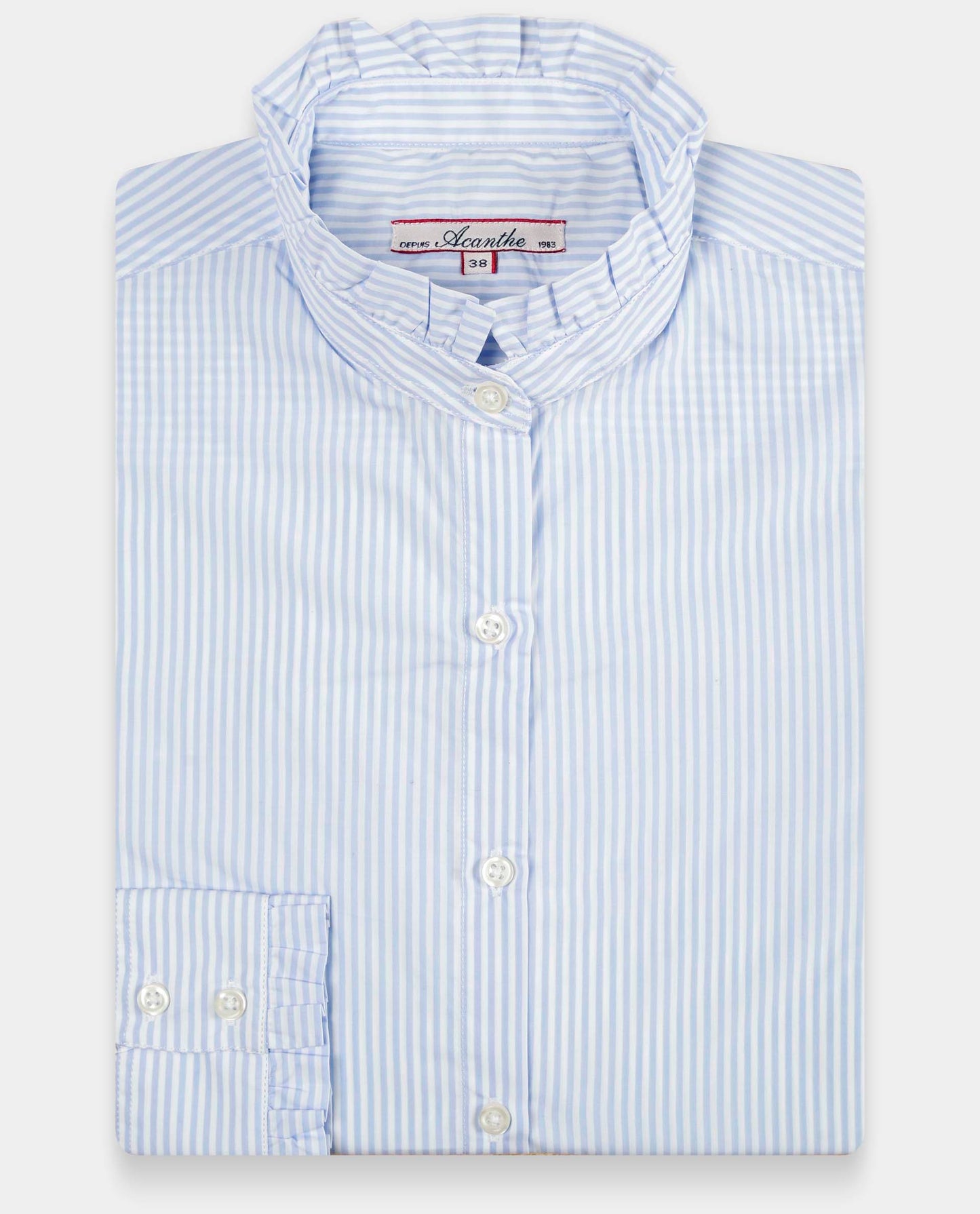 chemisier col et poignets à  volants rayure ciel