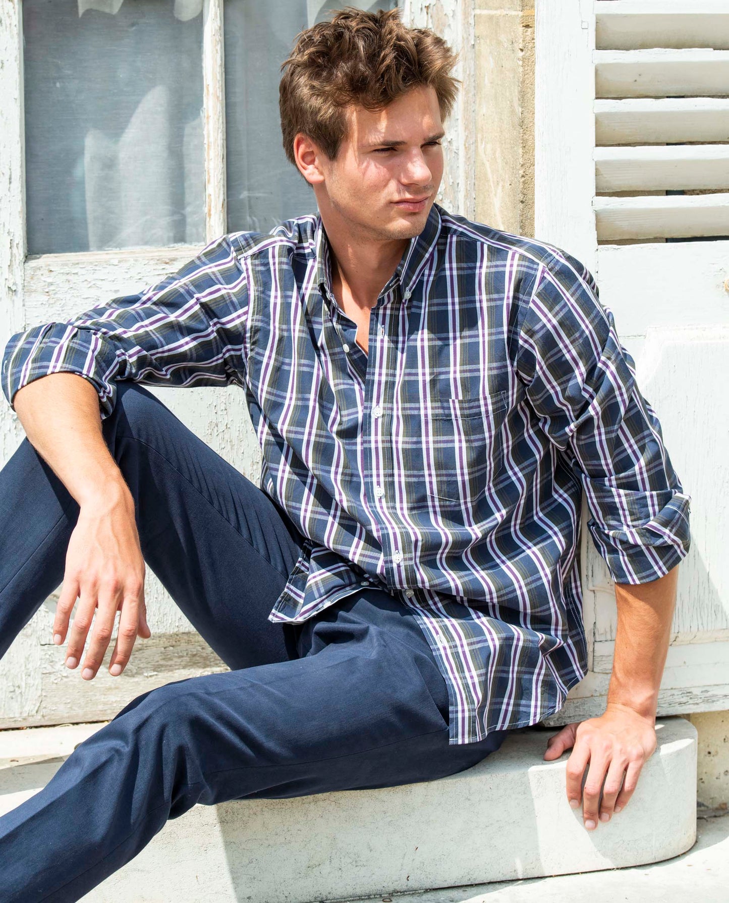 chemise col boutonné écossais marine