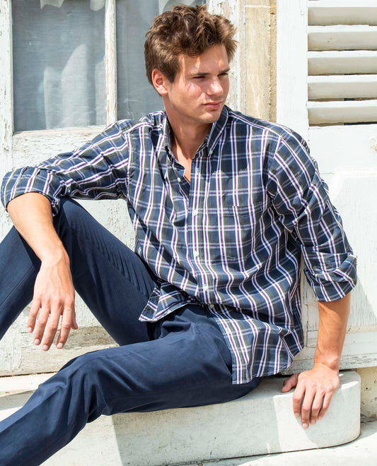 chemise col boutonné écossais marine