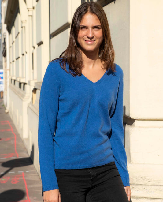 Pull V bord franc 100 cachemire Bleu vif