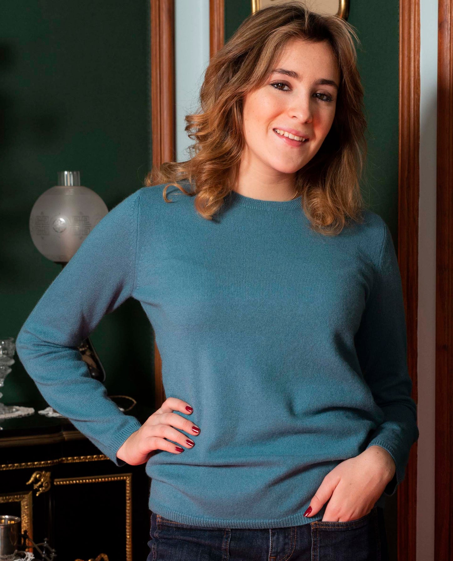 Pull col rond 100 cachemire Vert grisé