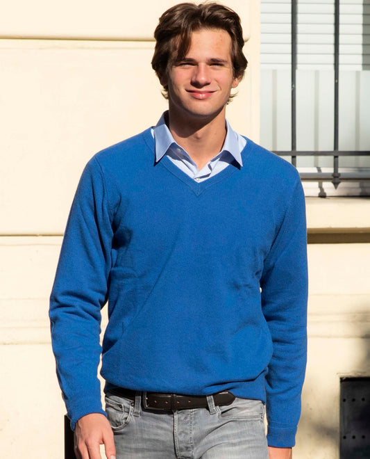 Pull col V 100 cachemire bleu cobalt