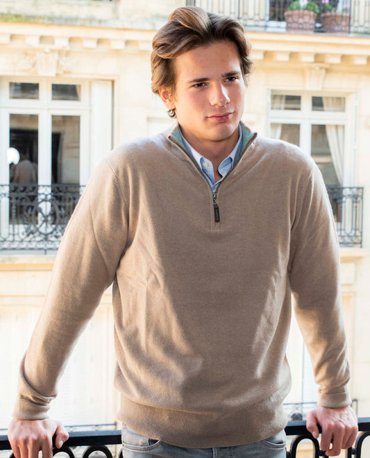 Pull zip camionneur 100 cachemire Beige